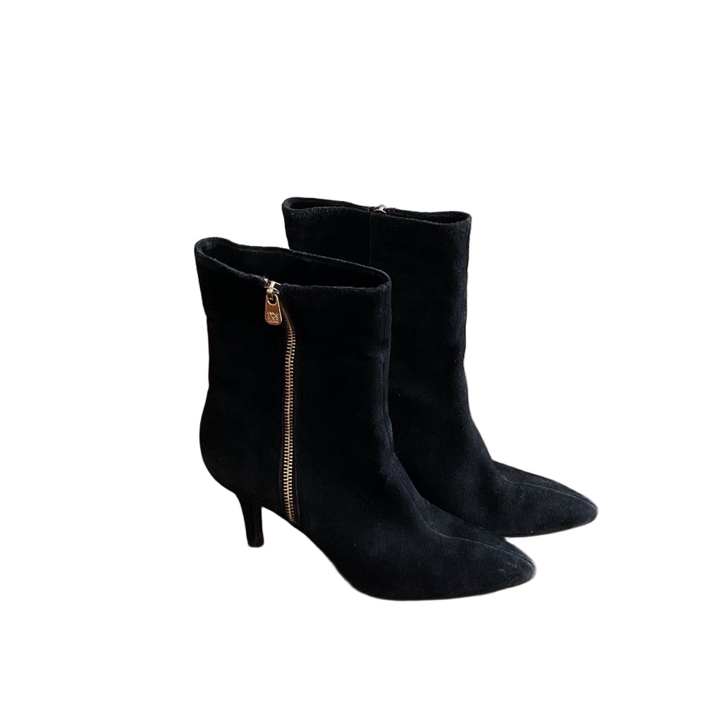Anne Klein Black Heeled Boots with Zipper, black suede, ankle boots